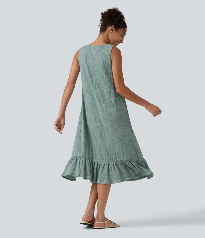 Round Neck Built-in Bra Sleeveless Ruffle Hem Midi Casual Dress