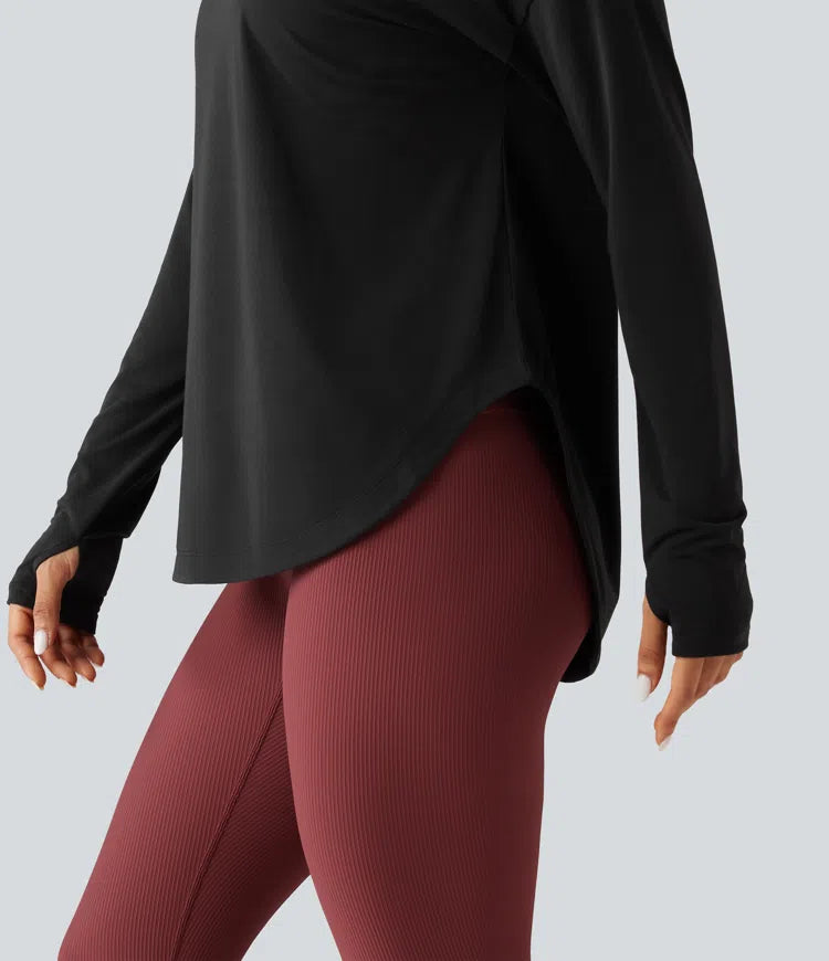Round Neck Long Sleeve Thumb Hole Built-in Bra Quick Dry Yoga Sports Top