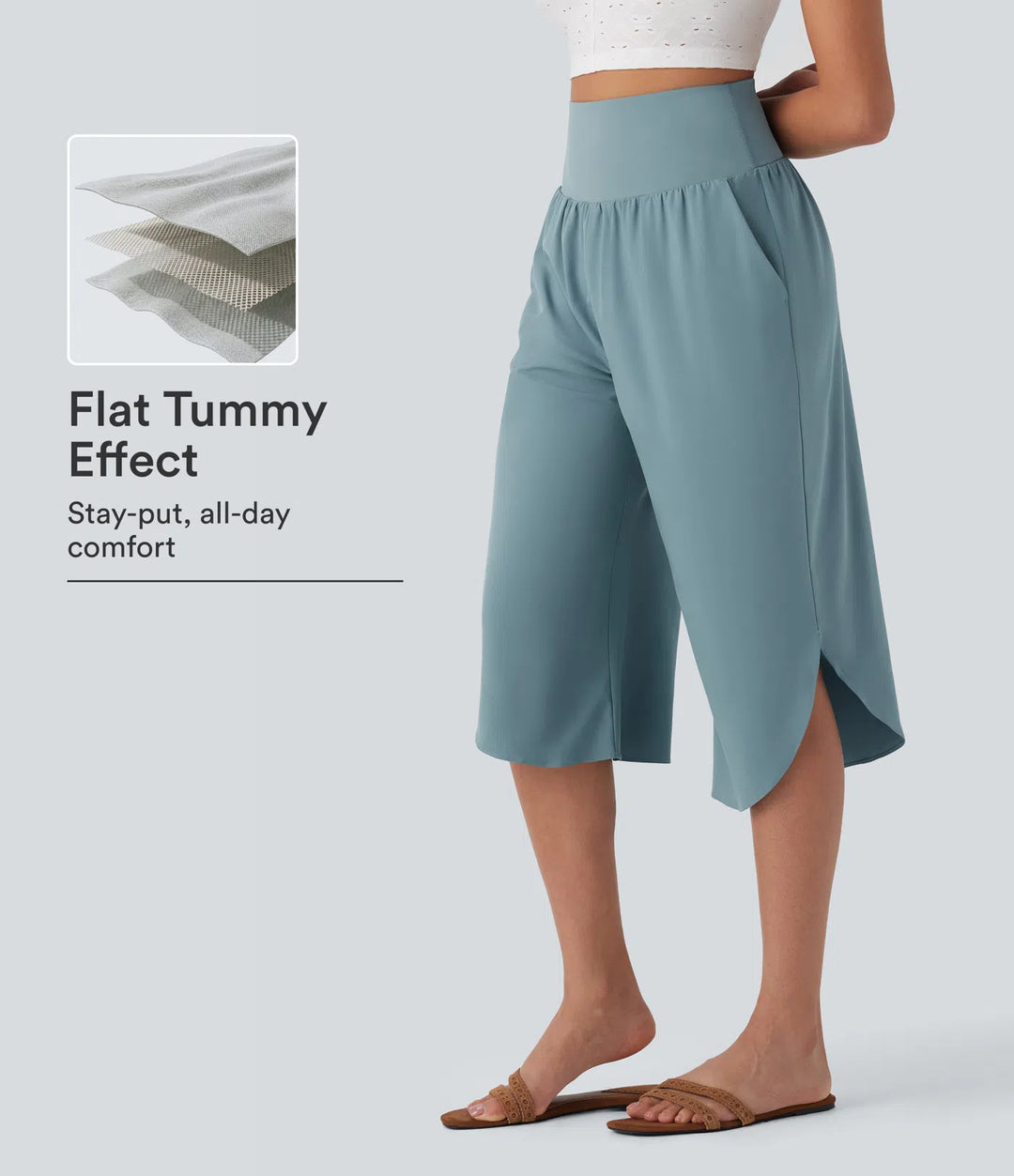 Breezeful High Waisted Tummy Control Hem Quick Dry Capri Pants with Pockets
