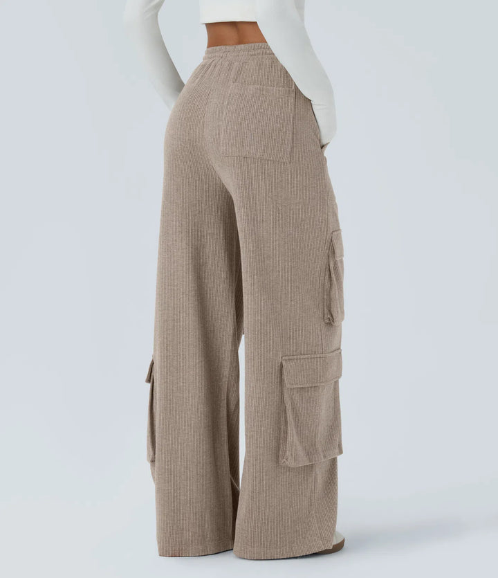 Ribbed Mid Rise Drawstring Pockets Wide Leg Cargo Casual Pants