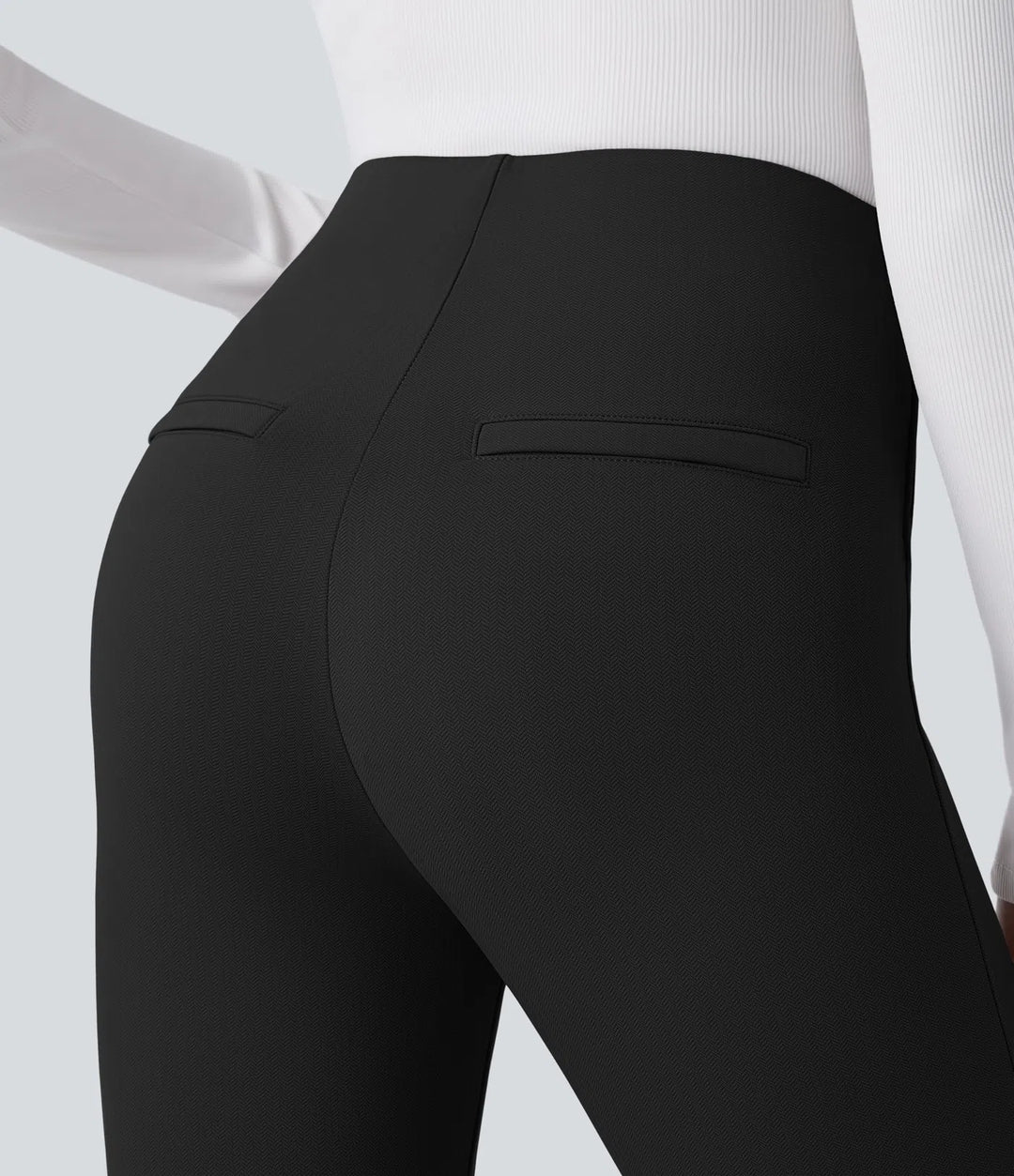 High Waisted Tummy Control Decorative Back Zipper Pockets Herringbone Work Pants