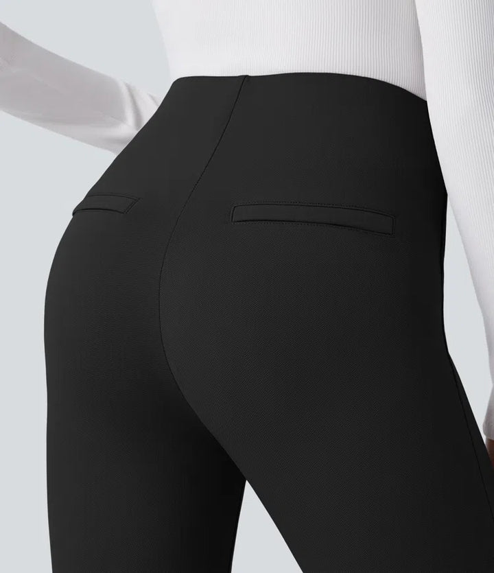 High Waisted Tummy Control Decorative Back Zipper Pockets Herringbone Work Pants