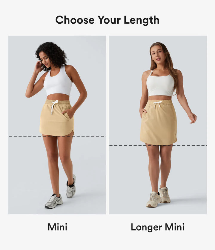 High Waisted Drawstring 2-in-1 Curved Hem Mini Golf Skirt with Pockets-Longer Length