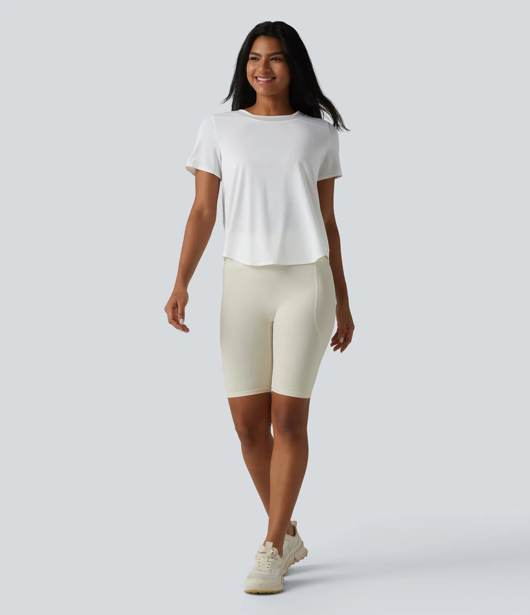 Round Neck Short Sleeve Contrast Mesh Curved Hem Running Sports Top