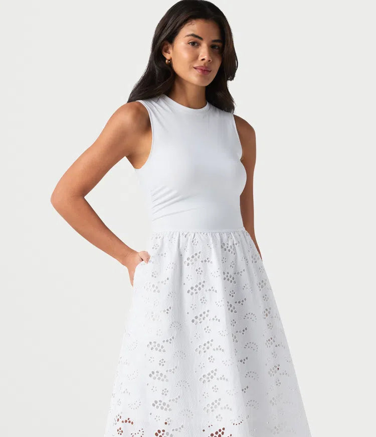 Round Neck Sleeveless Midi Embroidery Eyelet Resort Dress with Pockets