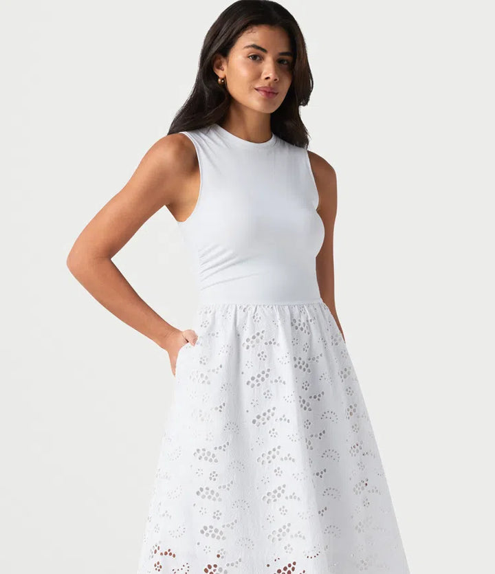 Round Neck Sleeveless Midi Embroidery Eyelet Resort Dress with Pockets