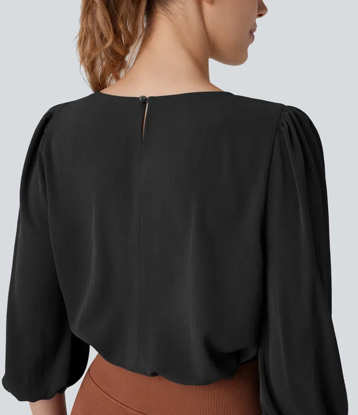 Boat Neck Keyhole Back Bishop Sleeve Work Linen-Feel Blouse