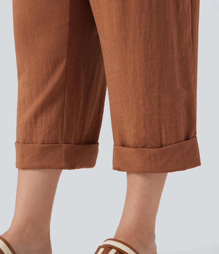 High Waisted Capri Linen-Feel Resort Plus Size Pants with Pockets
