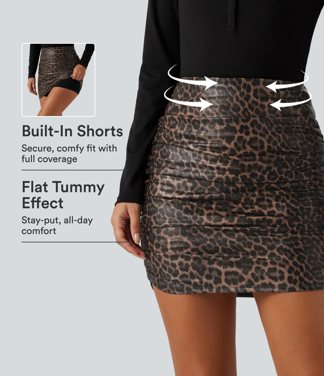 High Waisted Tummy Control Stretchy PU Leopard Print Party Mini Skirt with Built-In Shorts-Longer Length
