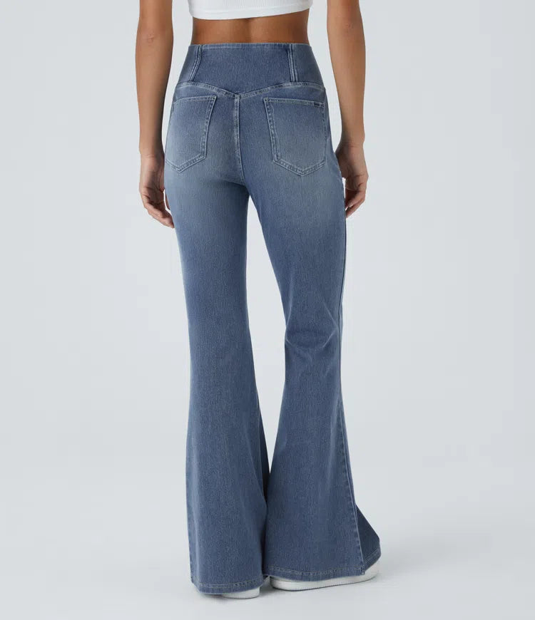 Halara Flex High Waisted Crossover Pocket Washed Casual Flare Jeans