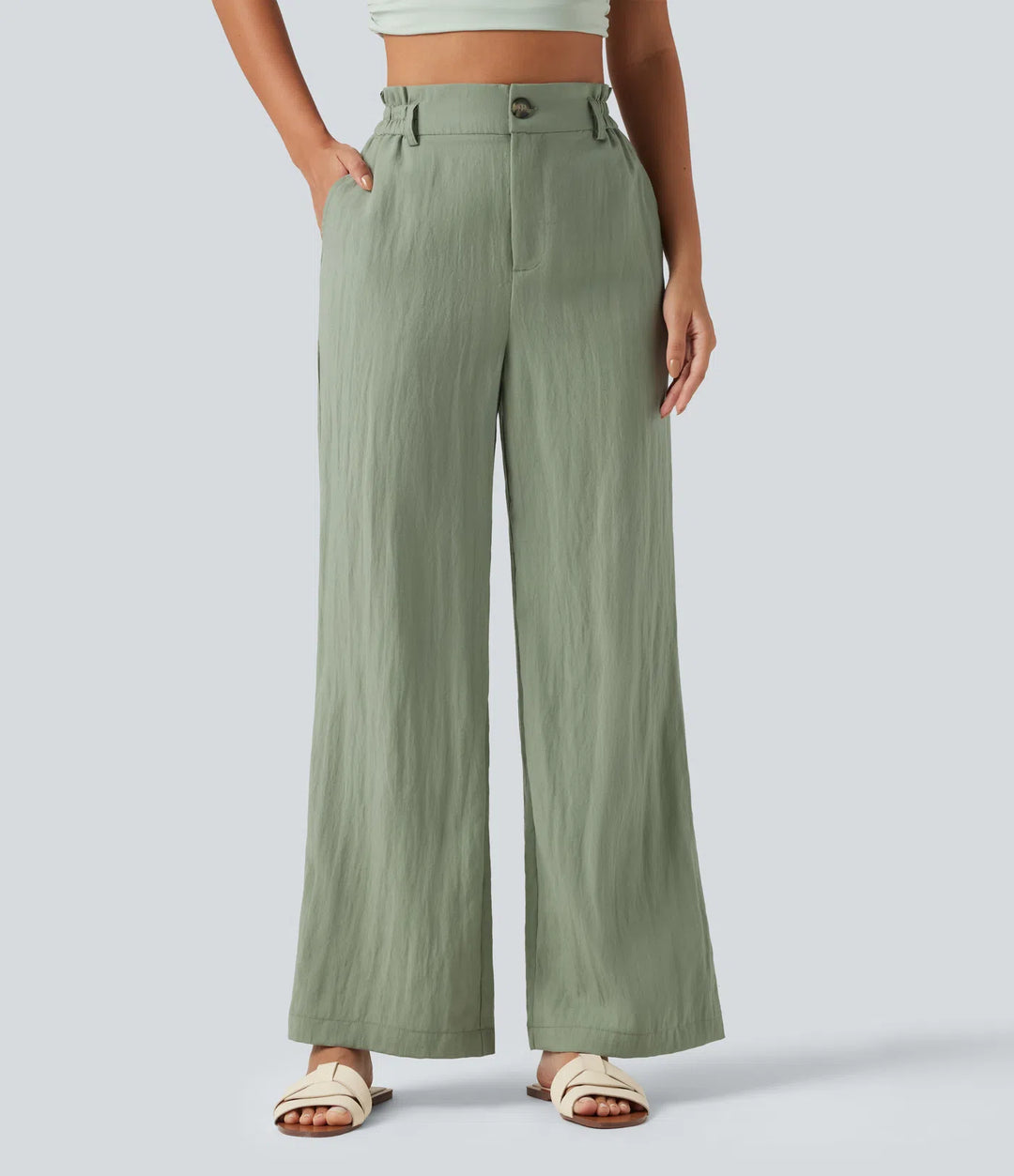 High Waisted Wide Leg Casual Linen-Blend Pants with Pockets