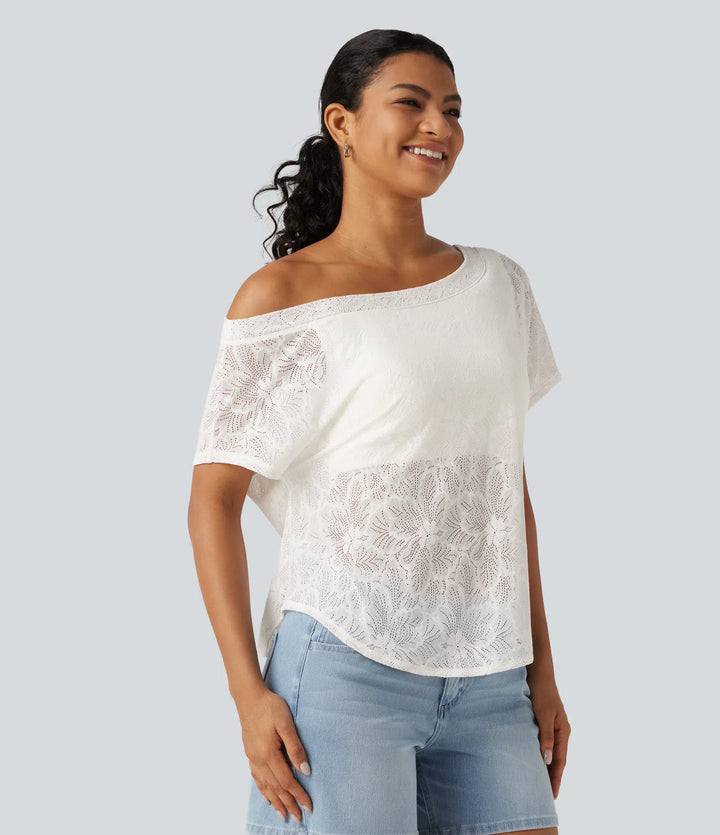 One Shoulder Short Sleeve Built-in Bra Curved Hem High Low Lace Casual Top