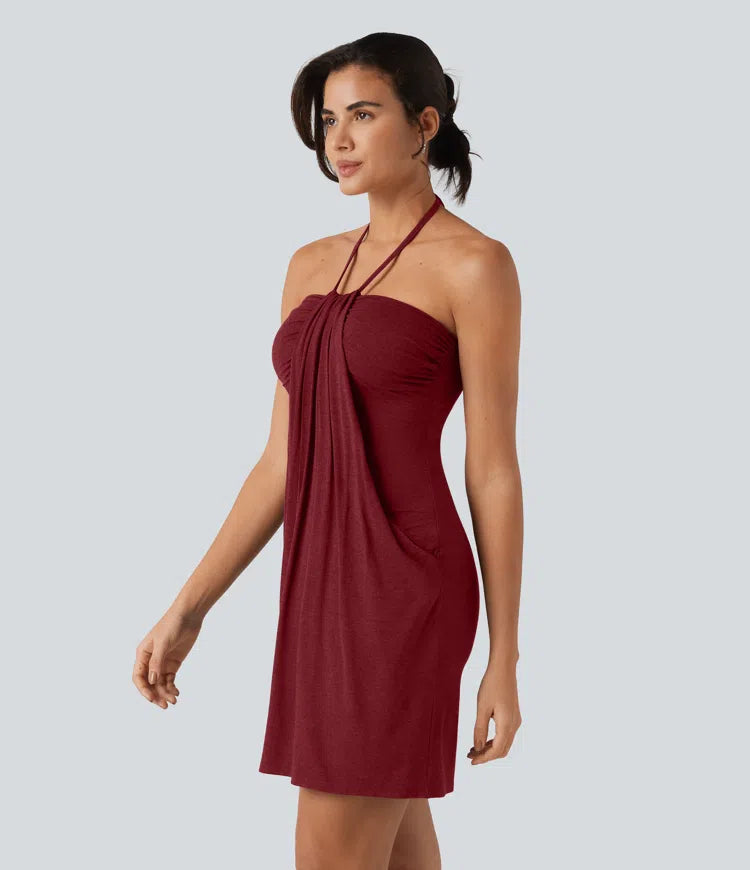 Halter Tie Back Mini Resort Dress with Pockets