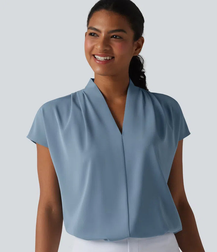 Wrinkle Recovery V-neck Batwing Sleeve Loose Fit Work Blouse