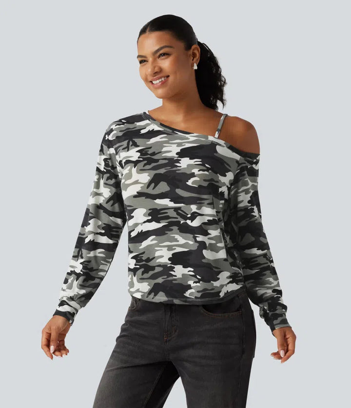 One Shoulder Long Sleeve Camo Casual Top