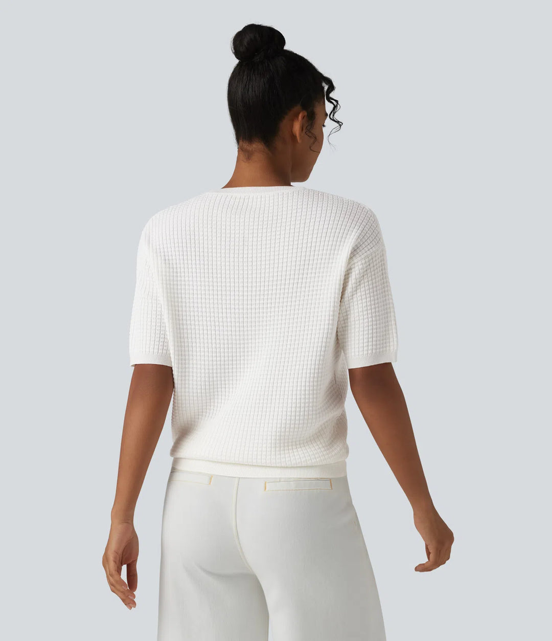 Round Neck Short Sleeve Waffle Casual Sweater