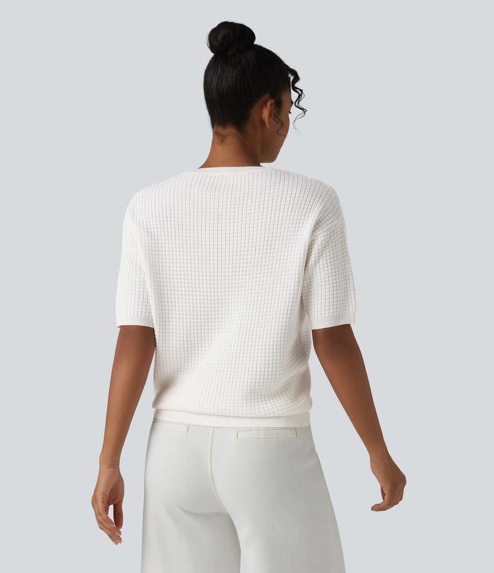 Round Neck Short Sleeve Waffle Casual Sweater