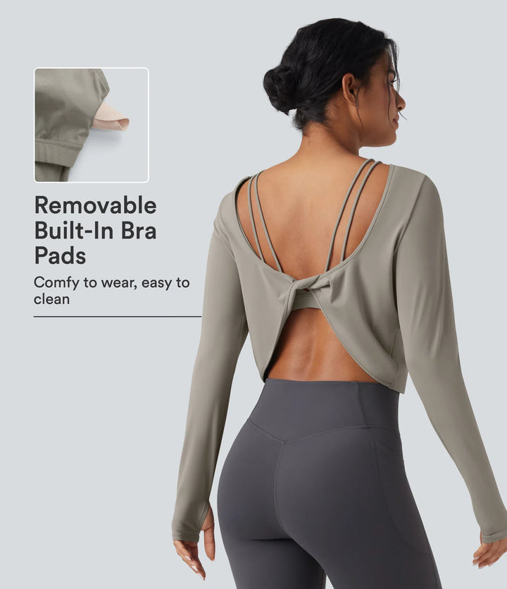 SoftlyZero QuickDry Backless Twist-back Long Sleeve Thumb Holes 2-in-1 Yoga Sports Top