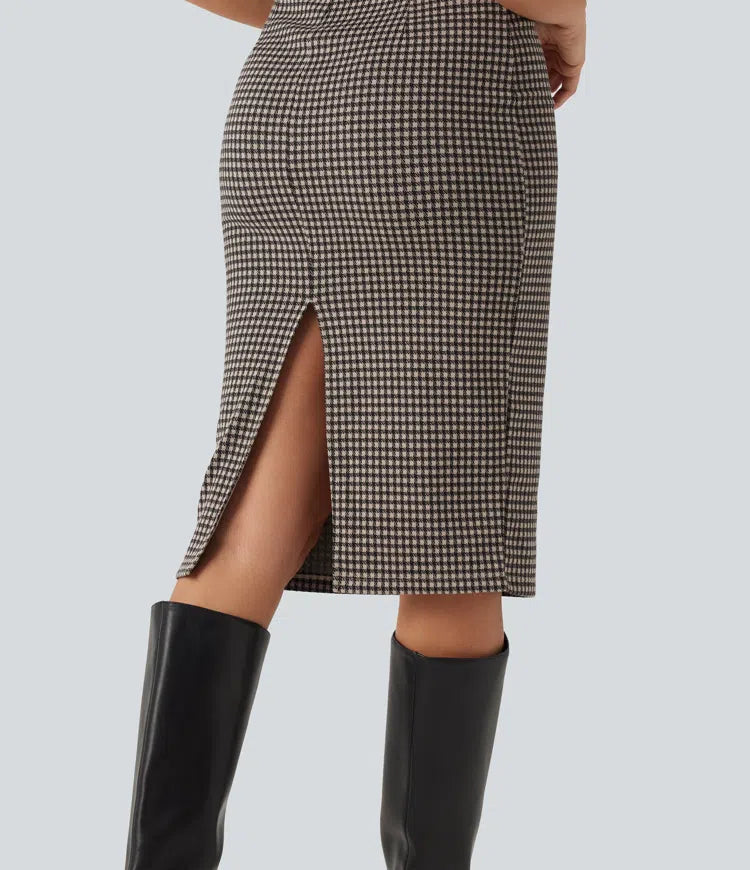 High Neck Sleeveless Bodycon Patterned Midi Work Dress