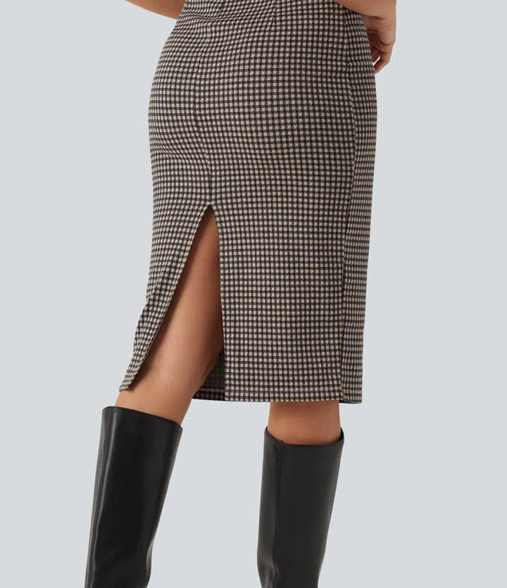 High Neck Sleeveless Bodycon Patterned Midi Work Dress