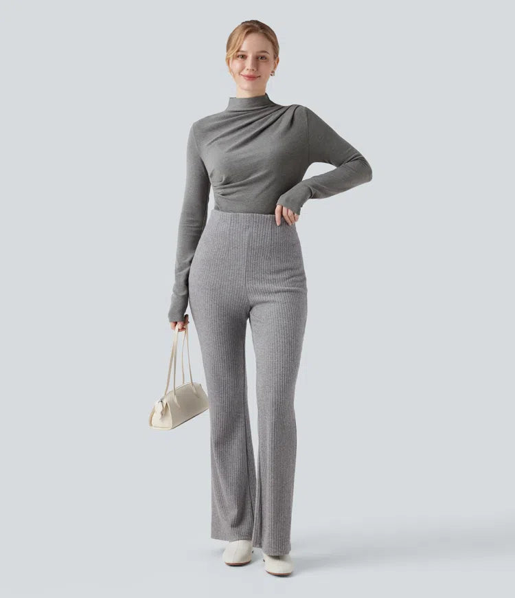 Mock-neck Long Sleeve Ruched Asymmetric Hem Thermal Casual Top