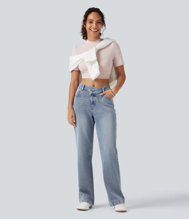 Halara Flex Asymmetric Mid Rise Straight Leg Casual Jeans with Pockets