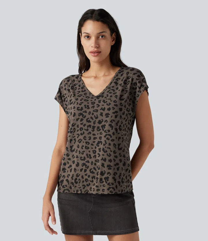 V Neck Short Sleeve Leopard Print Casual T-Shirt