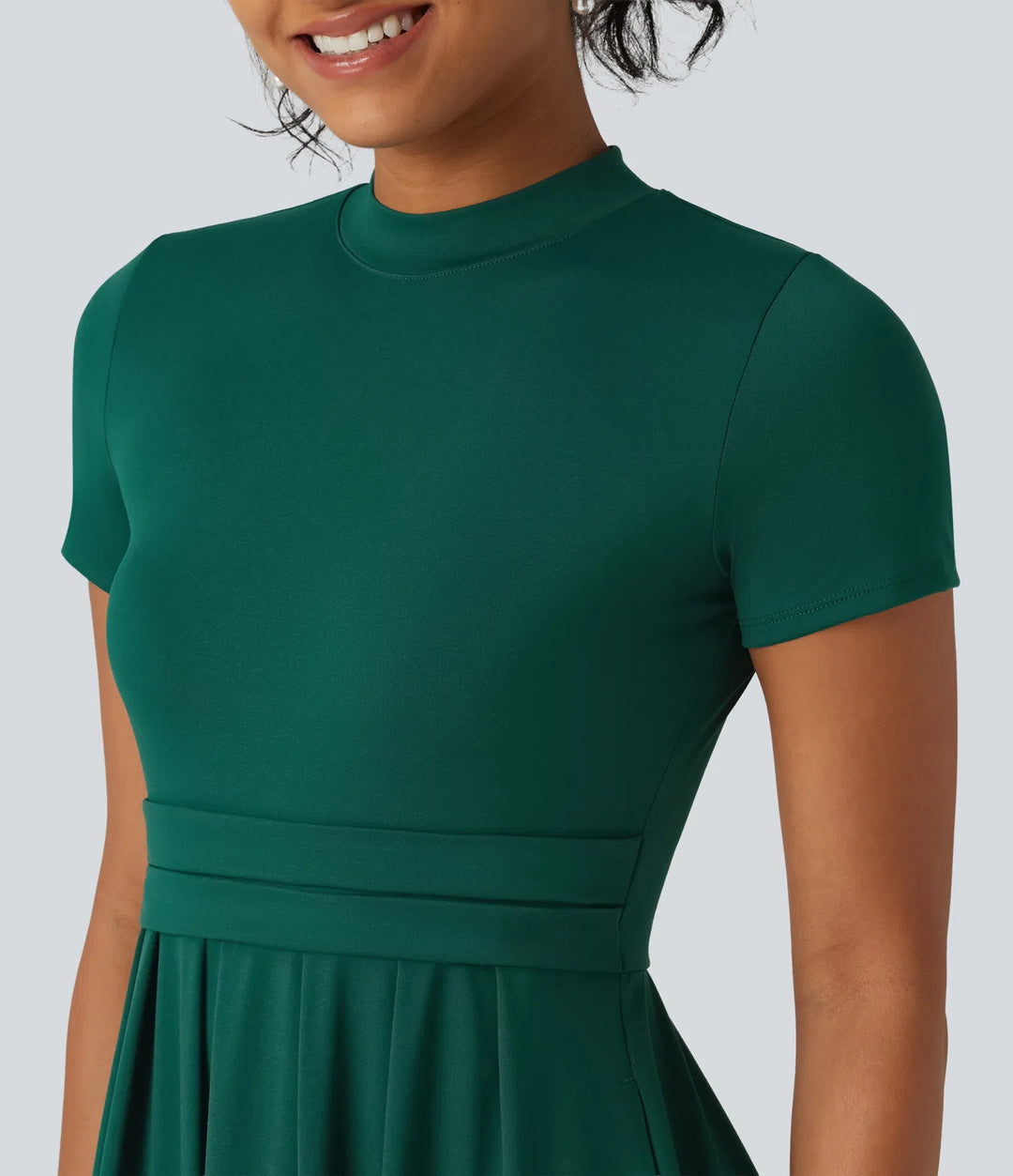 Stand Collar Short Sleeve Flare Midi Casual Dress with Pockets