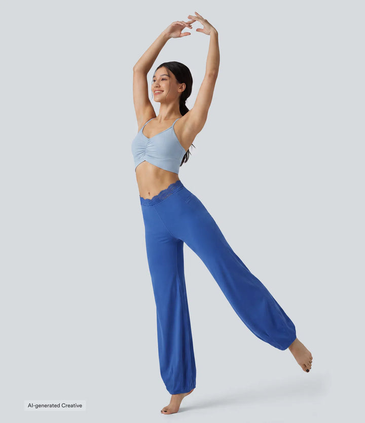 SoftlyZero High Waisted Contrast Lace Dance Balloon Pants with Pockets