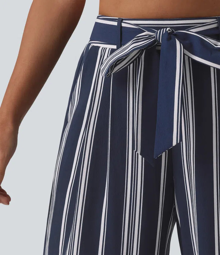 High Waisted Belted Stripes Resort Baggy Pants with Pockets