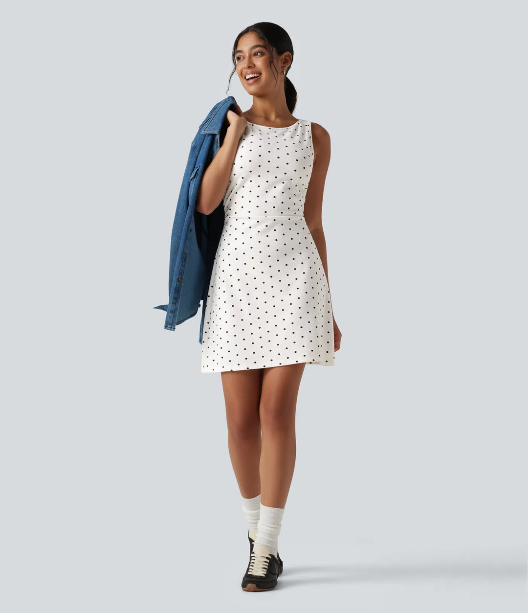 Boat Neck Sleeveless Ruched Polka Dot Casual Mini Dress