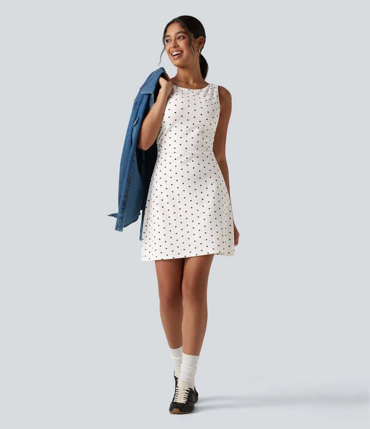 Boat Neck Sleeveless Ruched Polka Dot Casual Mini Dress
