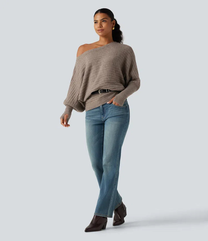 Boat Neck Batwing Long Sleeve Thumb Hole Casual Wool-Blend Sweater