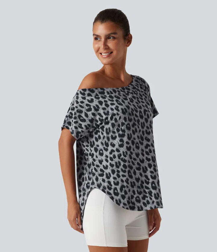 One Shoulder Short Sleeve Leopard Print Built-in Bra Curved Hem High Low Yoga Sports Top