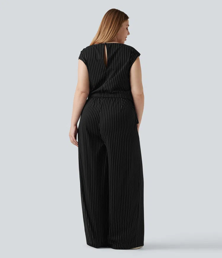 Plus Size Boat Neck Sleeveless Tie Side InstantCool Stripe Work Jumpsuit with Pockets-Easy Peezy Edition