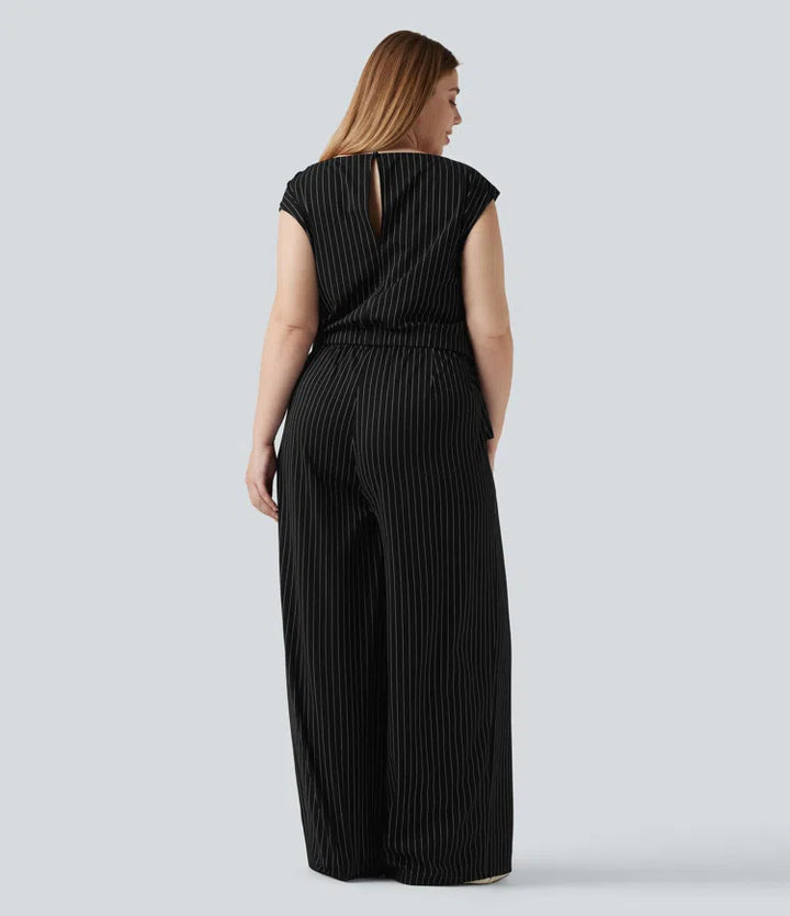 Plus Size Boat Neck Sleeveless Tie Side InstantCool Stripe Work Jumpsuit with Pockets-Easy Peezy Edition
