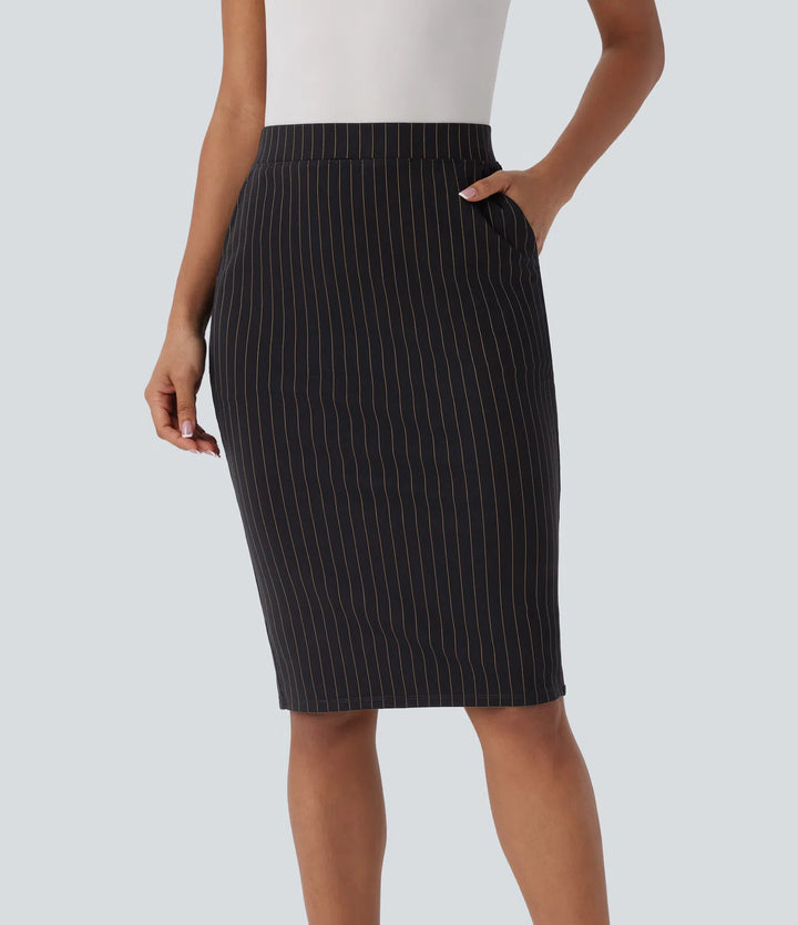 High Waisted Pocket Hem InstantCool Stripe Bodycon Work Skirt