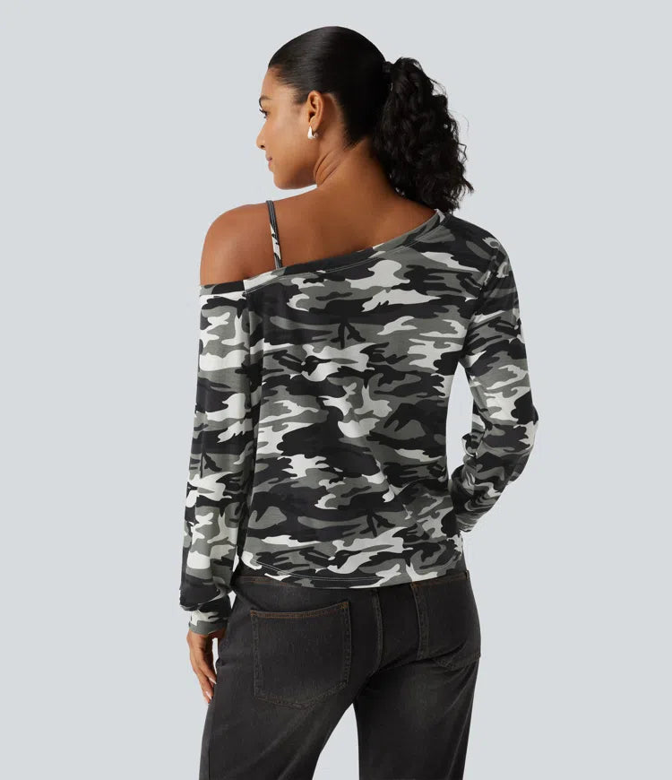 One Shoulder Long Sleeve Camo Casual Top