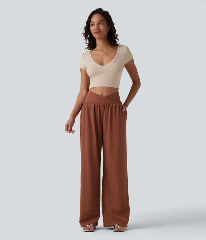 SoftlyZero Airy Crossover High Waisted InstantCool Casual Baggy Pants with Pockets
