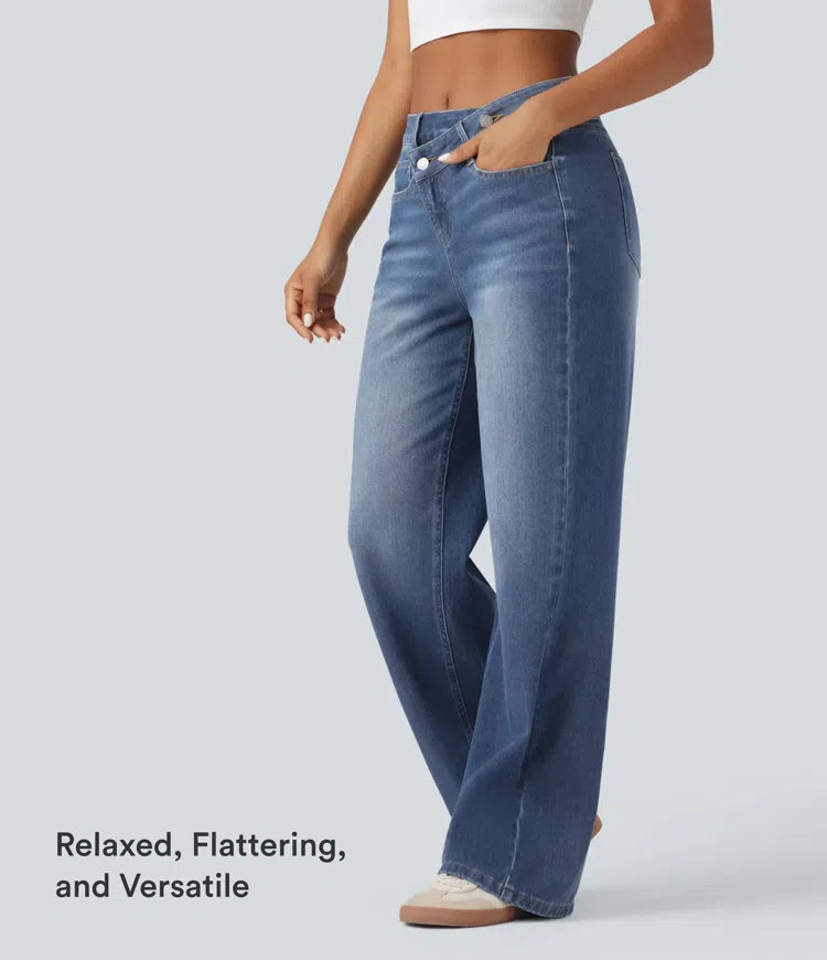 Halara Flex Asymmetric High Waisted Washed Casual Baggy Jeans with Pockets