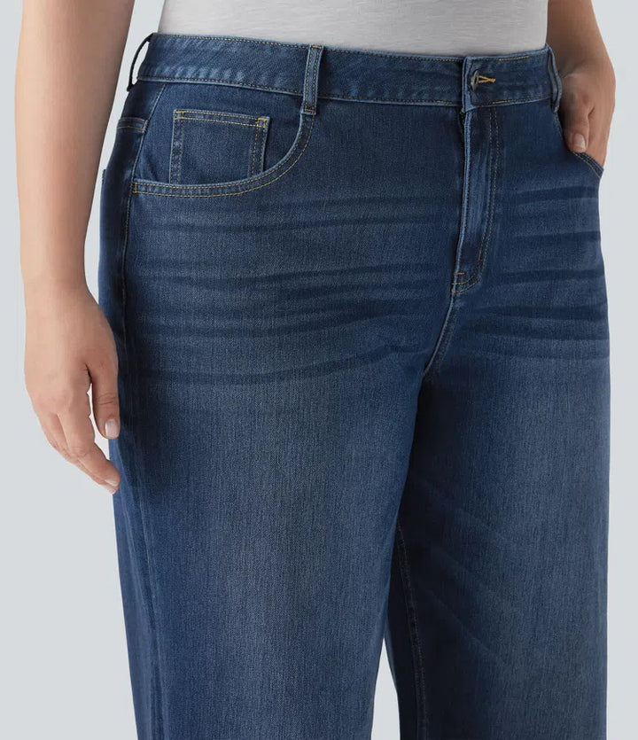 Plus Size Halara Flex High Waisted Wide Leg Rolled Hem Washed Stretchy Knit Casual Jeans with Pockets