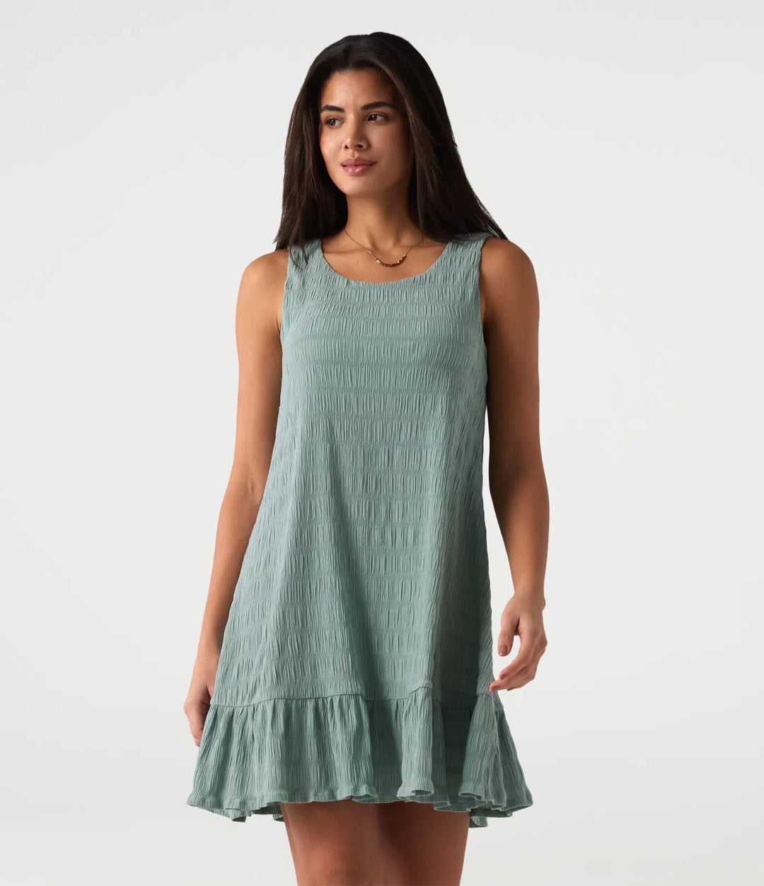 Round Neck Built-in Bra Sleeveless Ruffle Hem Mini Casual Dress