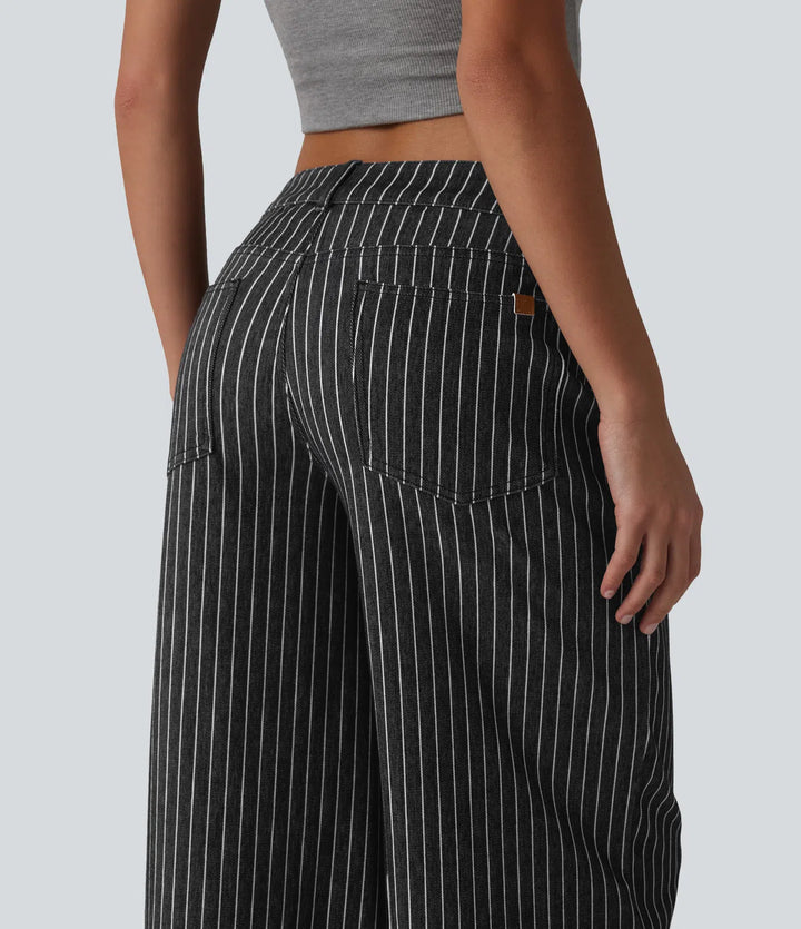Halara Flex Asymmetric Low Rise Wide Leg Stripe Work Jeans with Pockets