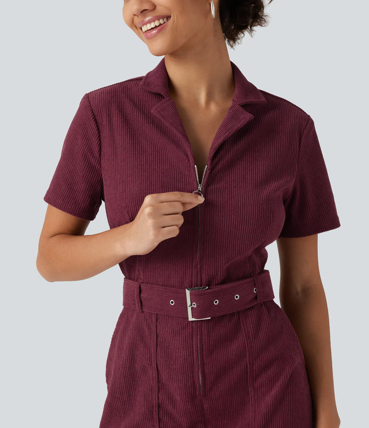 Short Sleeve Belted Corduroy Mini Casual Dress with Pockets