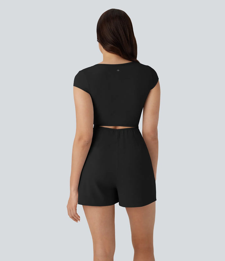 SoftlyZero Airy U Neck Cap Sleeve Pocket Cool Touch Yoga Romper-Easy Peezy