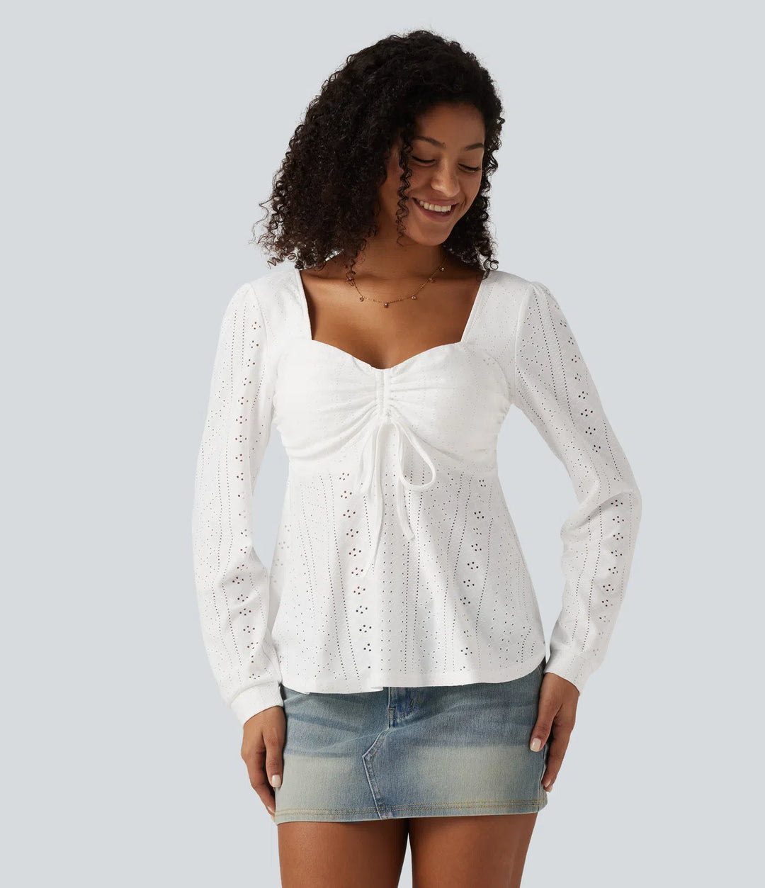 Sweetheart Neck Long Sleeve Lace Up Built-in Bra Eyelet Casual Top