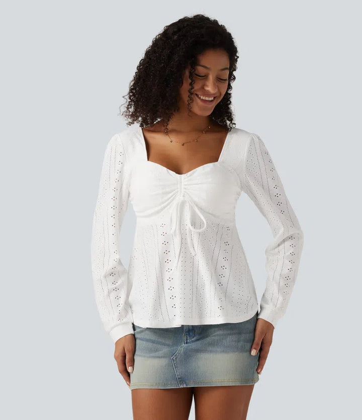 Sweetheart Neck Long Sleeve Lace Up Built-in Bra Eyelet Casual Top