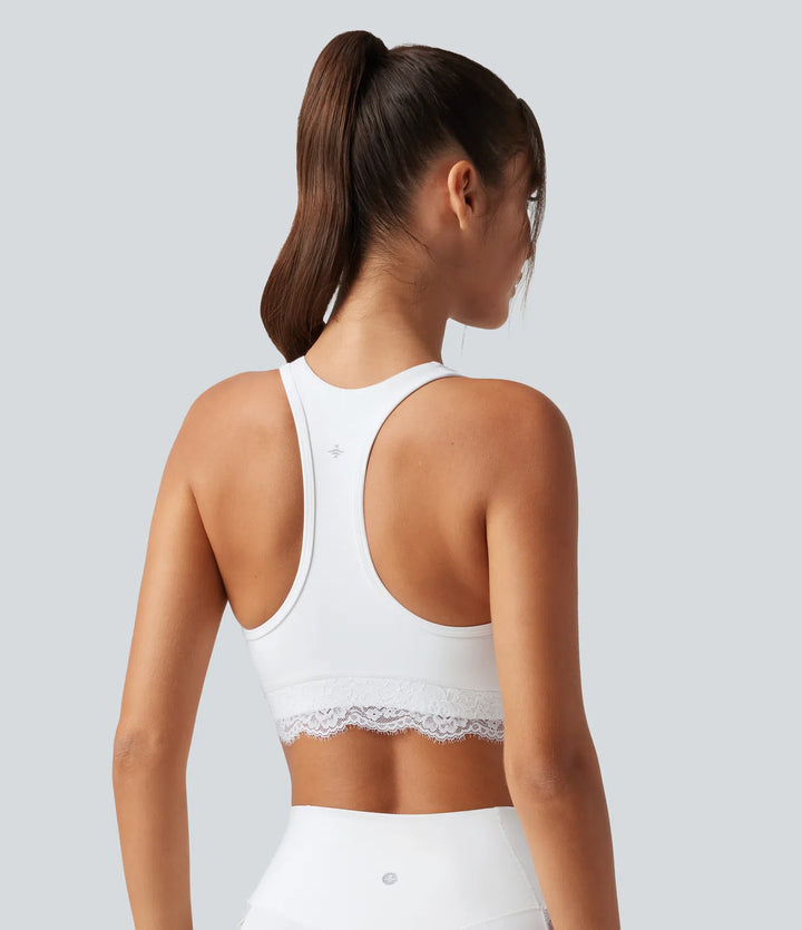 Halara UltraSculpt Low Support V Neck Built-in Bra Racerback Contrast Lace Workout Sports Bra