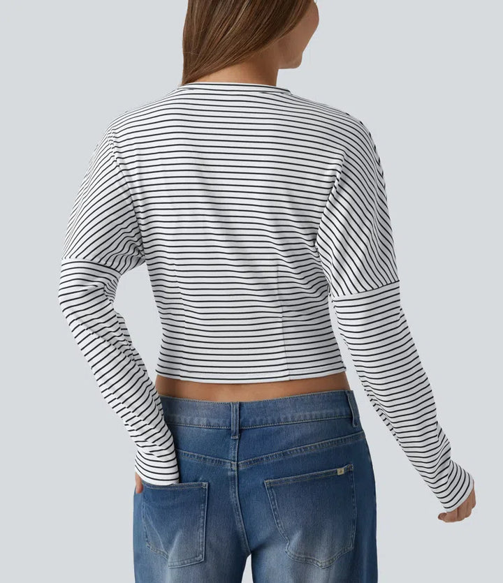 Ribbed Knit Round Neck Long Sleeve Stripes Casual Top