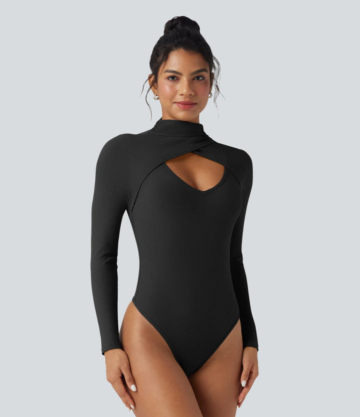 Ribbed Knit High-neck Cut-out Long Sleeve Skinny Work Bodysuit